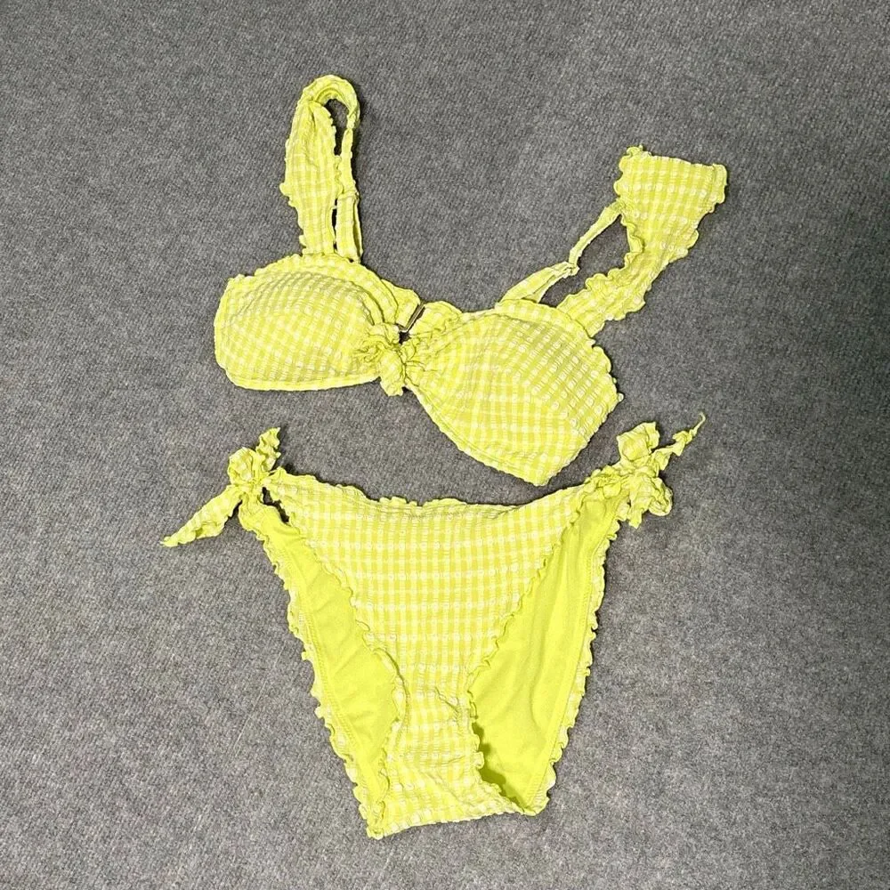 Adore Me Yellow Gingham Bikini Set Size M Tie Side Ruffle Swim